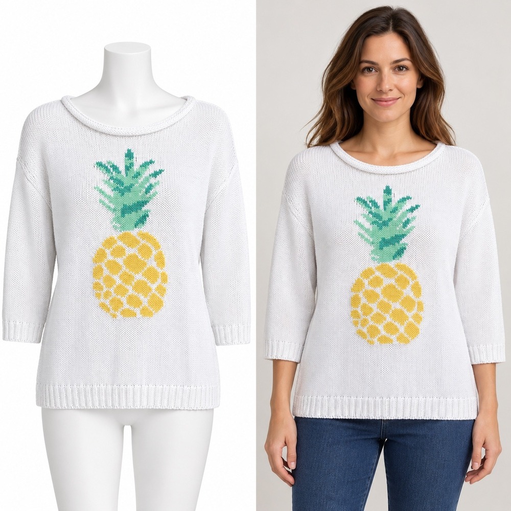 Talbots Sweater Womens Medium White Pineapple Graphic 3/4 Sleeve Cotton Knit Top